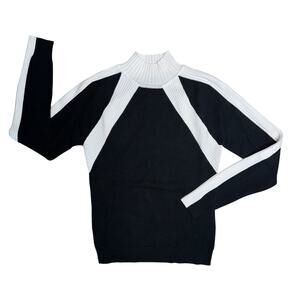 KAREN MILLEN Women’s Black White Ribbed Mock Neck Long Sleeve Sweater